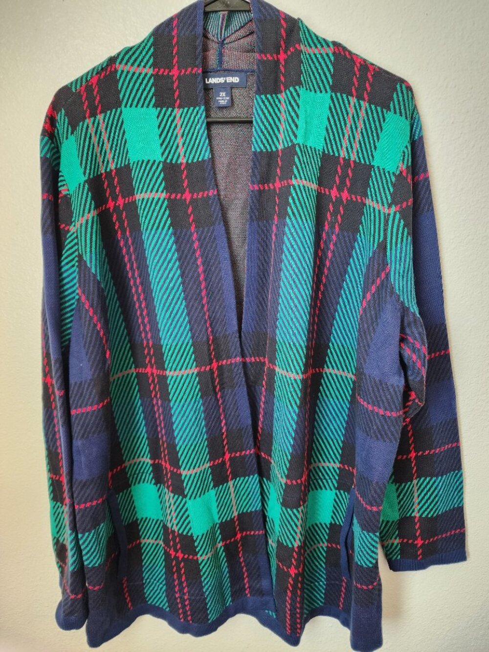 Lands' End Plaid Duster Cardigan Open Front Long Sleeve Sweater Pockets 2X